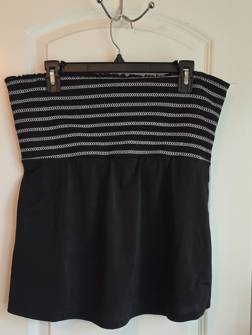 Strapless Black Tankini with White Stripe Bodice